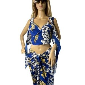 Hawaiian 3 Piece Set Pants Bra Top Floral Wrap Blue White Size 12 Vintage